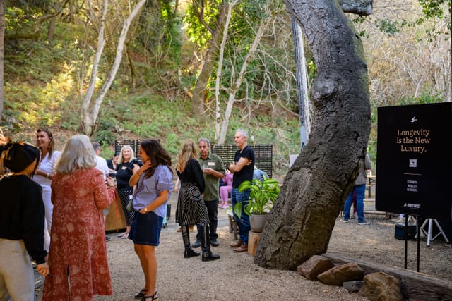 Guests mingling under the oak trees beside a Hiptwist sign